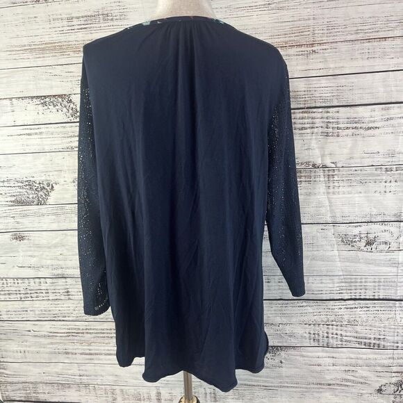 Van Heusen Blouse Tunic size Extra Large Navy Blue Pink Teal Tulips Lace Sleeves - Picture 10 of 11
